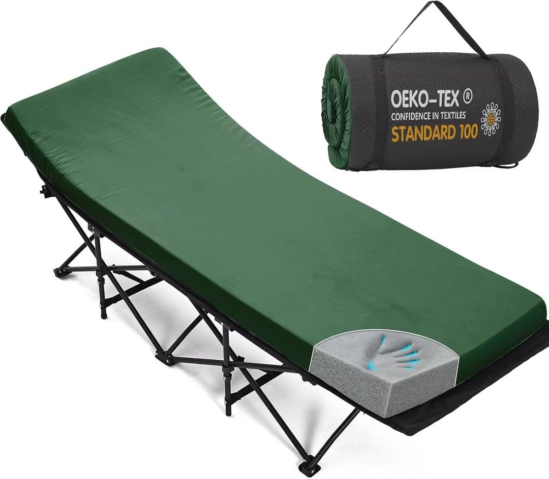CYMULA Camping Cot Mattress 2in Memory Foam Sleeping Pad,Soft Warm Non-Slip Camping Mattress Topper with Retaining for Adults,Portable Roll up Pad for Travel(75 x30)only Mattress (Dark Green)