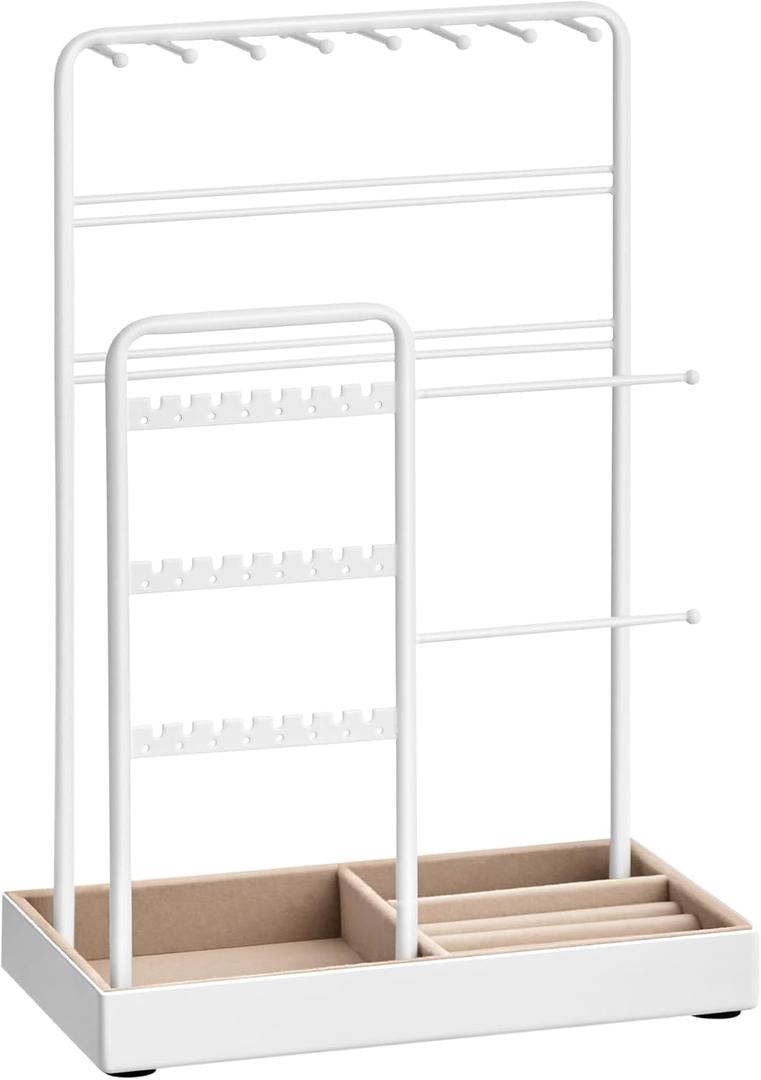 SONGMICS Jewelry Holder, Jewelry Organizer, Jewelry Display Stand with Metal Frame, Velvet Tray, Necklace Earring Bracelet Holder, for Studs, Rings, Gift Idea, Matte White UJJS021W01 (4.5"D x 7.7"W x 12.1"H)
