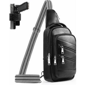 Conceal Carry Sling Bag - Virgan Leather Sling Backpack Fanny Pack Crossbody Chest Bags with Holster&Guitar Strap (Black)