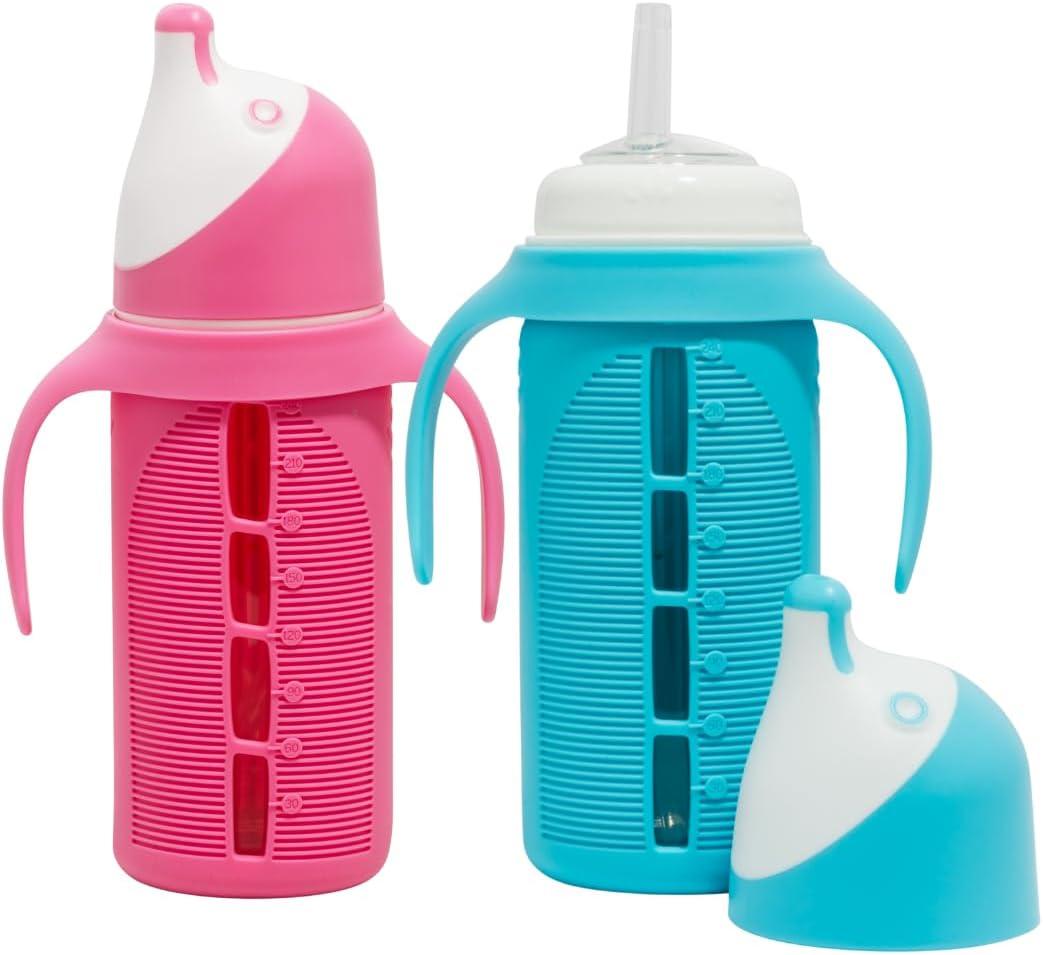 Set of 2 - Glass Sippy Cup for Toddlers - The Luca | Spill-Proof | Silicone Straw | Cherry Blossom Pink & Bright Blue | 8 oz | Liquids Never Touch Plastic | Removable Handles (Pink/Purple) Set of 2 - Glass Sippy Cup for Toddlers - The Luca | Spill-Proof | Silicone Straw | Cherry Blossom Pink & Bright Blue | 8 oz | Liquids Never Touch Plastic | Removable Handles (Pink/Purple)