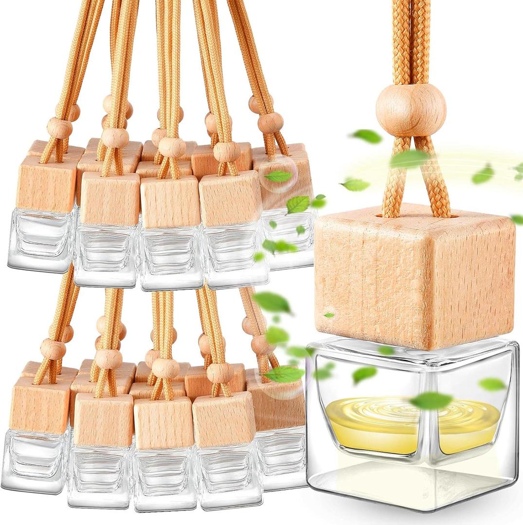 Rtteri 50 Pcs Car Essential Oil Hanging Bottle Empty Glass Diffuser Bottles Refillable Car Air Freshener Perfume Pendant Aromatherapy Fragrance Ornament Decor(Square Style)