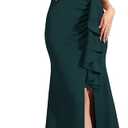 Formal Gowns and Evening Dresses Wedding Guest Dresses for Women Prom Dress Long V-Neck Ruffle Short Sleeve, Large, Ink Green