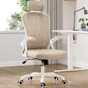 Farini Ergonomic Office Chair, Home Office Desk Chair with Headrest, High Back Computer Chair with Armrests and Adjustable Lumbar Support for Home Office Study Bedroom, White & Khaki
