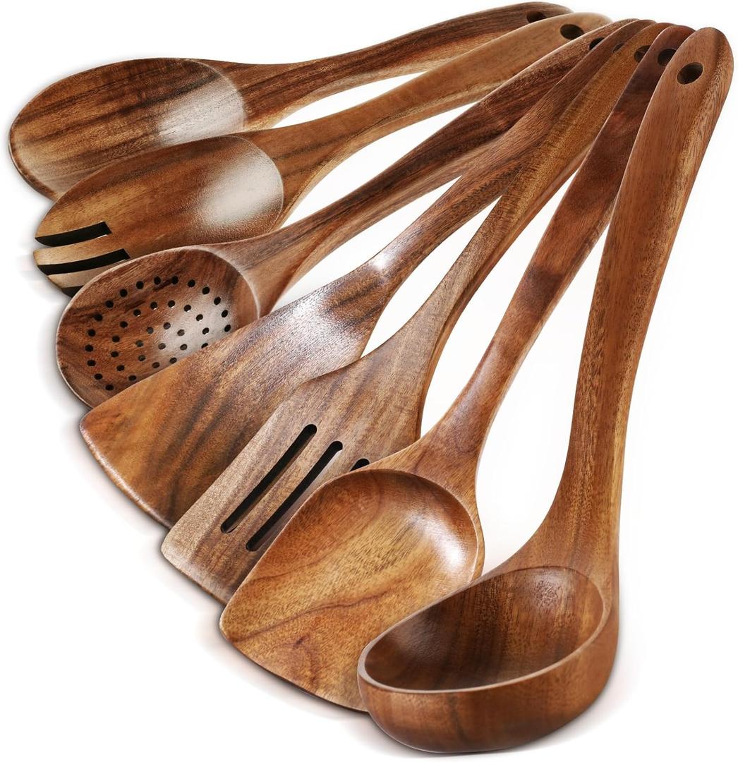 Wooden Spoons for Cooking - 7 Pieces Wooden Kitchen Utensils Set, Smooth Natural Teak Wood Utensil Set, Nonstick Heat-Resistant Cooking Utensils - Lightweight & Sturdy, Wooden Spatula for Cooking