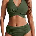 AI'MAGE Womens High Waisted Bikini Sets Tummy Control Bathing Suits Halter Two Piece Swimsuit Modest Bikini 2025 (Medium, Army Green)