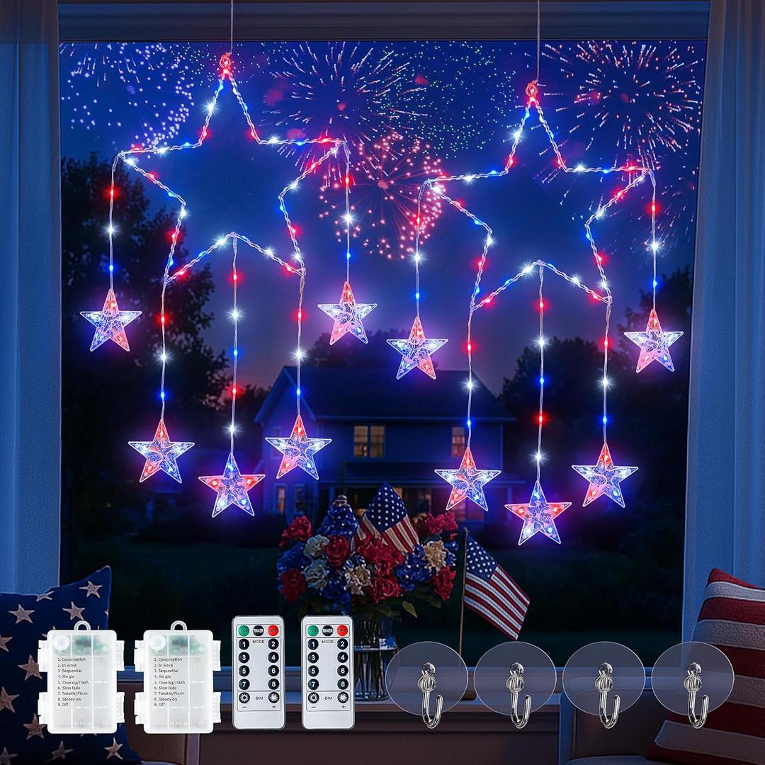 2 Pack 4th of July Window Lights,12IN 73LED Red White and Blue Star Lights with Timer Memory, Patriotic Star Twinkle Light 8 Modes for Wall, Independence Day, Memorial, Fourth of July Decor