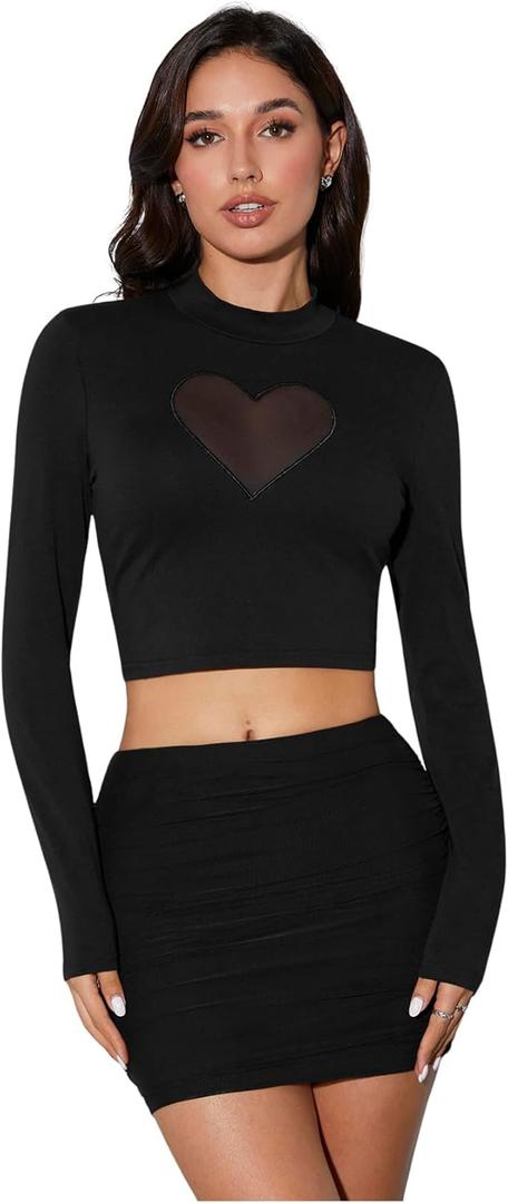 OYOANGLE Women's Heart Mesh Mock Neck Long Sleeve Crop Tee Top Club Wear (L, Black)