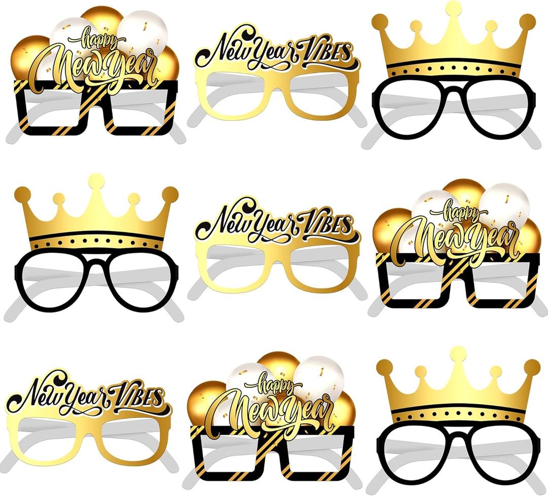 KatchOn, 2026 Glasses New Year Eve - Pack of 9 | Happy New Year Eyeglasses 2026 for New Years Eve Party Supplies 2026 | NYE Party Glasses | Happy New Years Decorations 2026 | NYE Decorations 2026 (Golden)