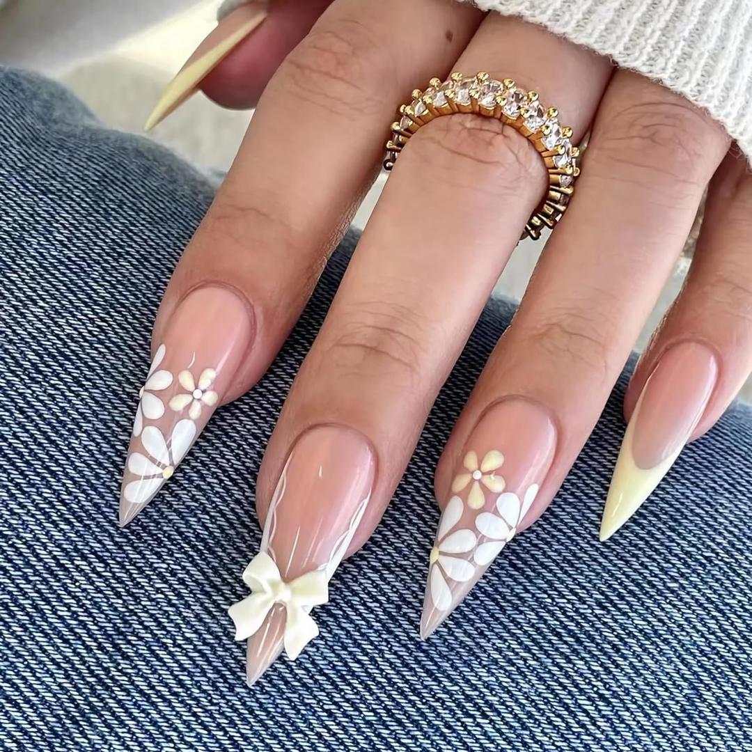 MERVF Long Press on Nails Stiletto Yellow French Tip Fake Nail Flower Daisy Design Glue ons Almond 3D Bow Acrylic Nails Supplies Art DIY Manicure Glossy 24pcs