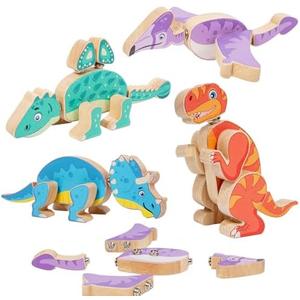 JugueteLand Wooden Dinosaur Blocks, Snap Together Building Toys, Dinosaur Take Apart Toy Playset for Kids, Fine Motor Skill STEM Learning Toys for Toddlers Gift for 3 4 5 6 Years Kids