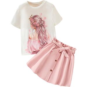 Floerns Girl's 2 Piece Outfit Figure Graphic T Shirt and Belted Button Skirt Set (Pink)