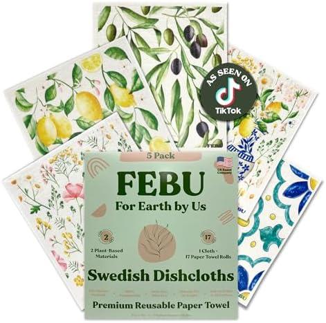 FEBU Swedish Dishcloths for Kitchen | 5 Pack Italian Summer Reusable Paper Towels Washable | Swedish Dish Towels | Non-Scratch Cellulose Sponge Cloths | No Odor, Biodegradable Cleaning Cloths