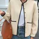 Cicy Bell Womens Button Down Bomber Jackets Puff Sleeve Cropped Pea Coats Casual Fall Color Block Outerwear (Medium, Beige)