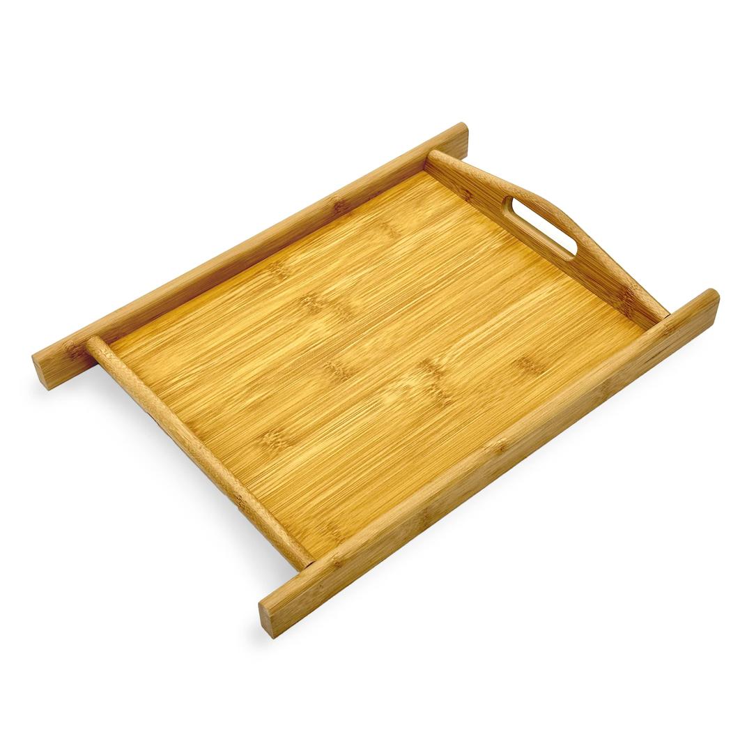 Bam & Boo Natural Bamboo Serving Tray with Handles and Stylized Accents for Kitchen, Bathroom, Décor (9" x 8")
