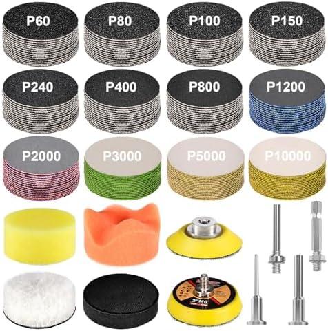 189 Pieces 2 Inch Sanding Disc, GOH DODD Hook and Loop Sanding Pads 60 to 10000 Grit Wet Dry Sandpaper with 1/8" 1/4” Shank, Backing Pad, Polishing Pads and Interface Pad for Auto Metal Resin Wood