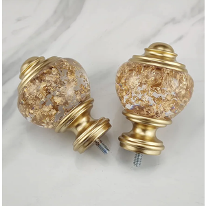 Decorative Curtain Rod Finials, Polyresin Round Gold Foiled Clear Finials, Set of 2, Compatible with 1 inch or 1-1/8 inch Dia Curtain Rod, Standalone Finial Pair