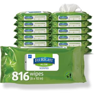FitRight Aloe Personal Cleansing Cloth Wipes, Scented, 8 x 10 inch Adult Large Incontinence Wipes, 68 Count, Pack of 12