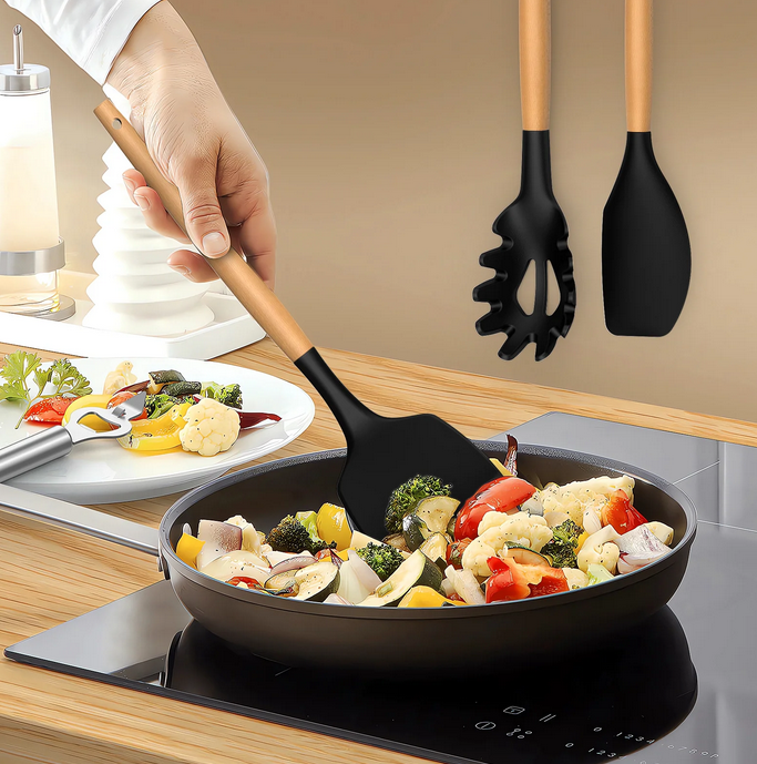 ilicone Kitchen Utensils Set, 12 pcs Non-Stick Cooking Tool with Wooden Handle, BPA Free Kitchen Utensils Spatula Set with Holder, Heat Resistant Kitchen Gadget