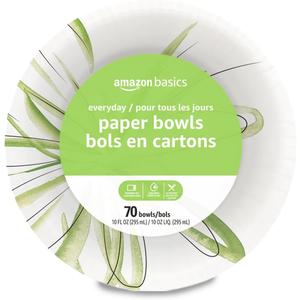 Amazon Basics Everyday Disposable Paper Bowls, 10 oz, Microwave Safe, Soak Proof, White, 70 Count