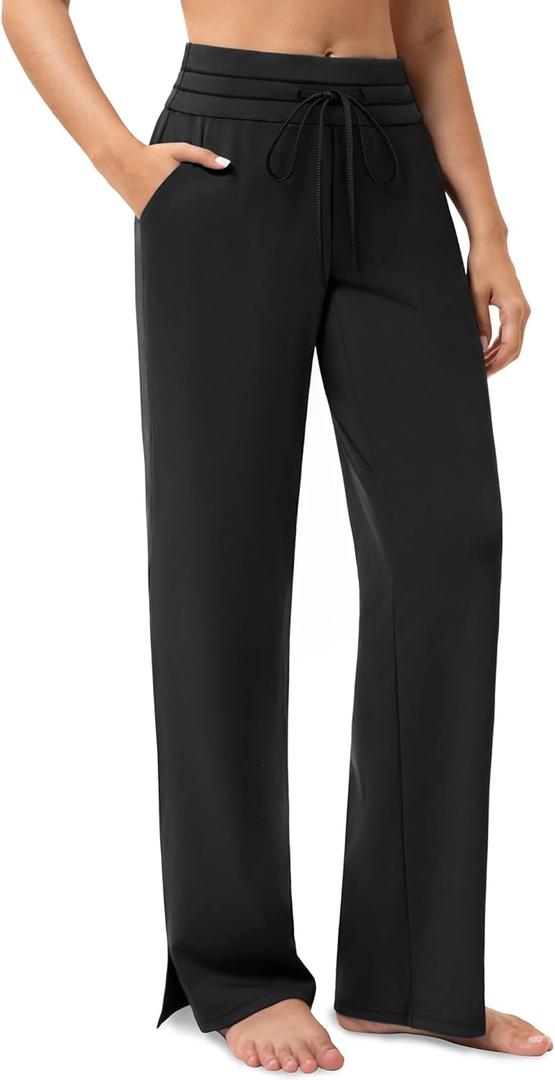 Yoga Pants Women Wide Leg Pants with Pockets Drawstring High Waist Stretch Dress Pants Lounge Sweatpants 29"/31"/33" (Black, XXL)