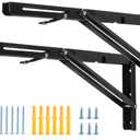 YUMORE 16 Inch Folding Shelf Brackets, Heavy Duty Collapsible Shelf Bracket, Black DIY L Bracket for Workbench Folding Table Hinge, Max Load: 330lb, Pack of 2