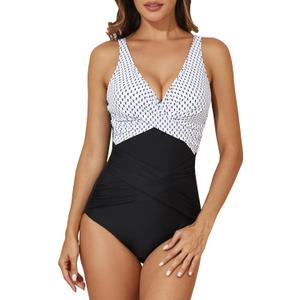 Smismivo Tummy Control Swimsuits for Women Slimming One Piece Bathing Suit Retro Ruched Push Up Vintage Padded Swimwear (Small, White Dot Top)