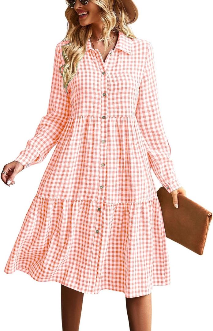 chouyatou Women's Retro Plaid Button Down Shirt Dress Long Sleeve Ruffle Tiered Midi Long Dress with Pockets (Medium, Orange)