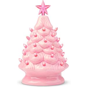 Joiedomi 7" Pink Ceramic Christmas Tree, Mini Prelit Tabletop Christmas Ceramic Tree with Extra Clear Top Star & Bulbs for Holiday Decoration Small Xmas Holiday Best Desk Tabletop Decoration (Pink)