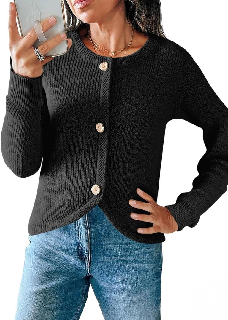 Saodimallsu Womens Cropped Cardigan Sweaters Button Up Long Sleeve Crewneck Fall Dressy Casual Knit Sweater Jackets (Black)