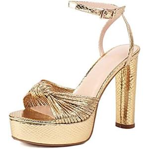 Goolita Bow Metallic Platform Heels for Women Chunky Buckle Ankle Strap Heeled Sandals Sexy Snakeskin Comfortable Party Bridal Shoes, Size 38