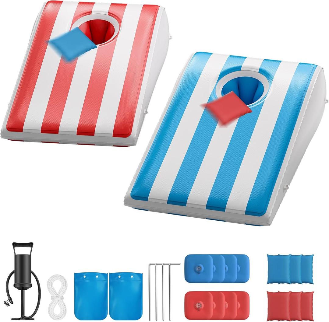 QPAU Inflatable Cornhole Board Set, 3 x 2 ft Corn Hole Games for Adults with 8 Bean Bags & 8 Water Bags, Portable Cornhole Boards for Outdoor Sports Pool Games, Beach and Tailgates