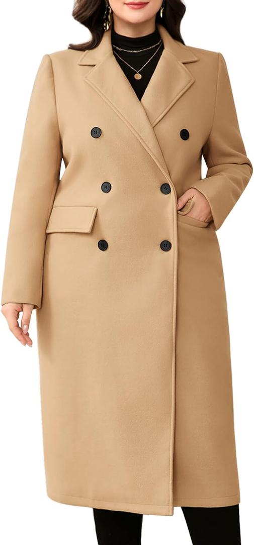 ZOMVA Women's Plus Size Wool Pea Coat Double Breasted Notch Lapel Collar Fall Winter Classic Long Trench Coat (Camel)