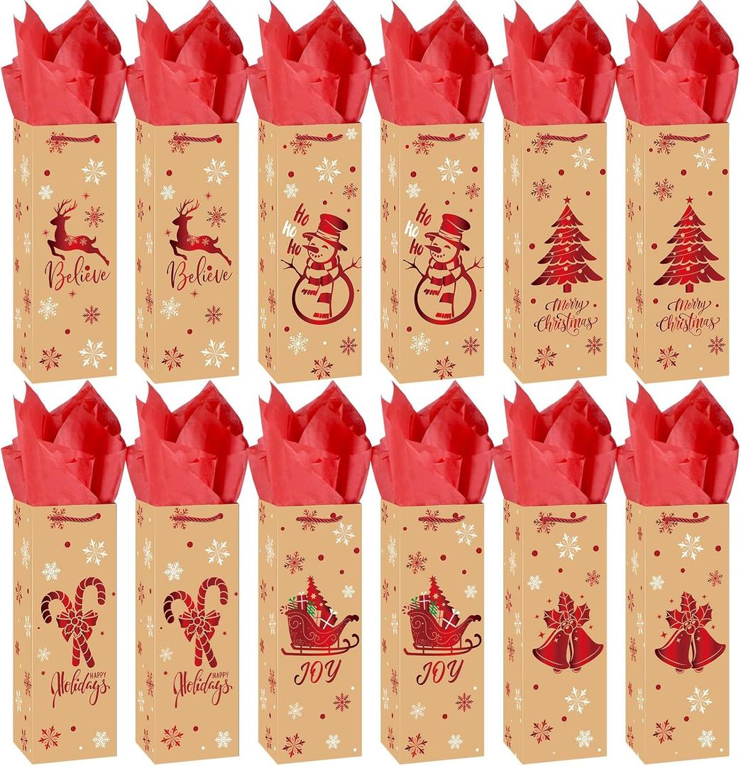 Pasimy 12 Pcs Christmas Wine Bags With Tissue Paper Xmas Wine Gift Bags with Handles Christmas Bottle Wrapping for Xmas Holiday Winter Wedding Liquor Lovers and Drinkers Gift Party Favors Supplies