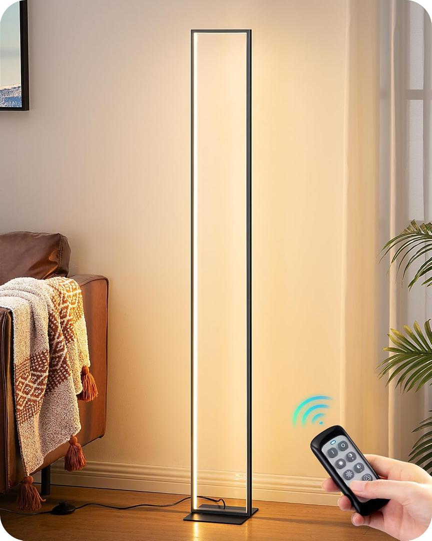 EDISHINE LED Floor Lamp, 55" Modern Minimalist Rectangular Corner Light, 3000K-6000K Dimmable, Remote Control & Foot Switch, Metal Base Standing Lamps for Living Room, Bedroom, Office, Black