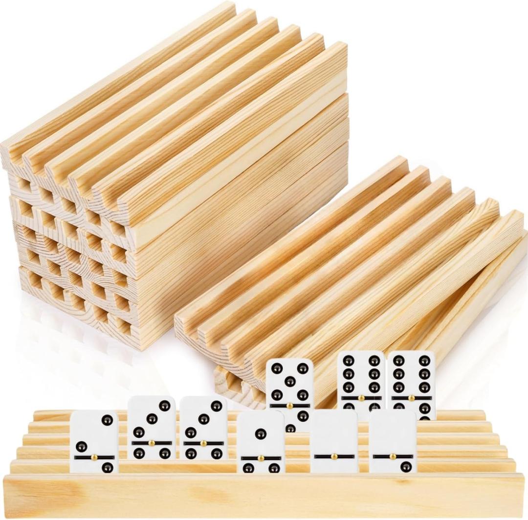 Set of 8 Wooden Domino Racks, Premium Natural Domino Trays, Solid Domino Tiles Holders Organizer for Mexican Train Chickenfoot Cuban Domino Games - Dominoes NOT Included