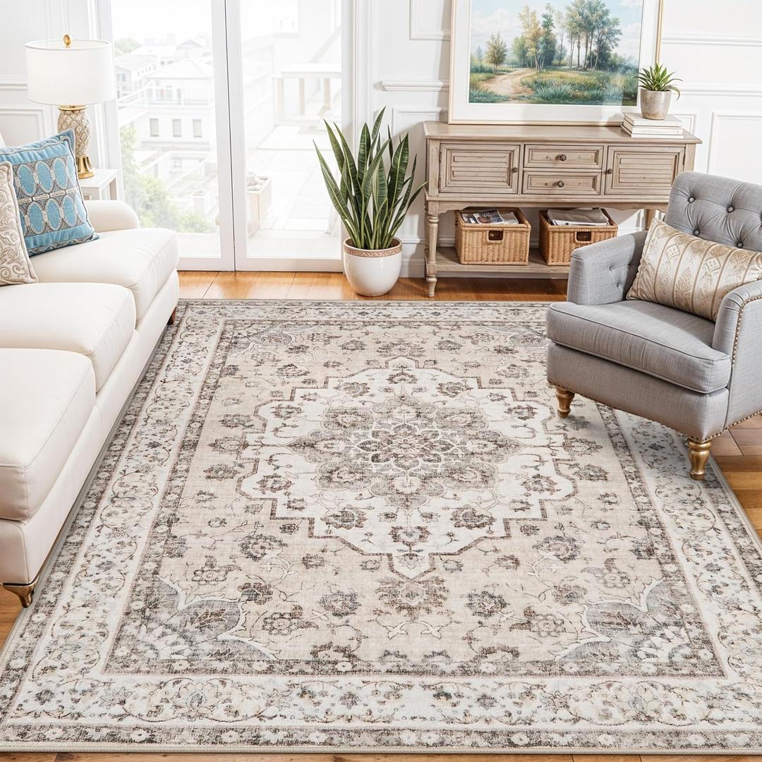 Washable 5x7 Living Room Rugs: Oriental Non-Slip Area Rugs for Bedroom Non Shedding Accent Farmhouse Dining Room Carpet Soft Low Pile Mat for Nursery Room Home Office (5x7 Beige)