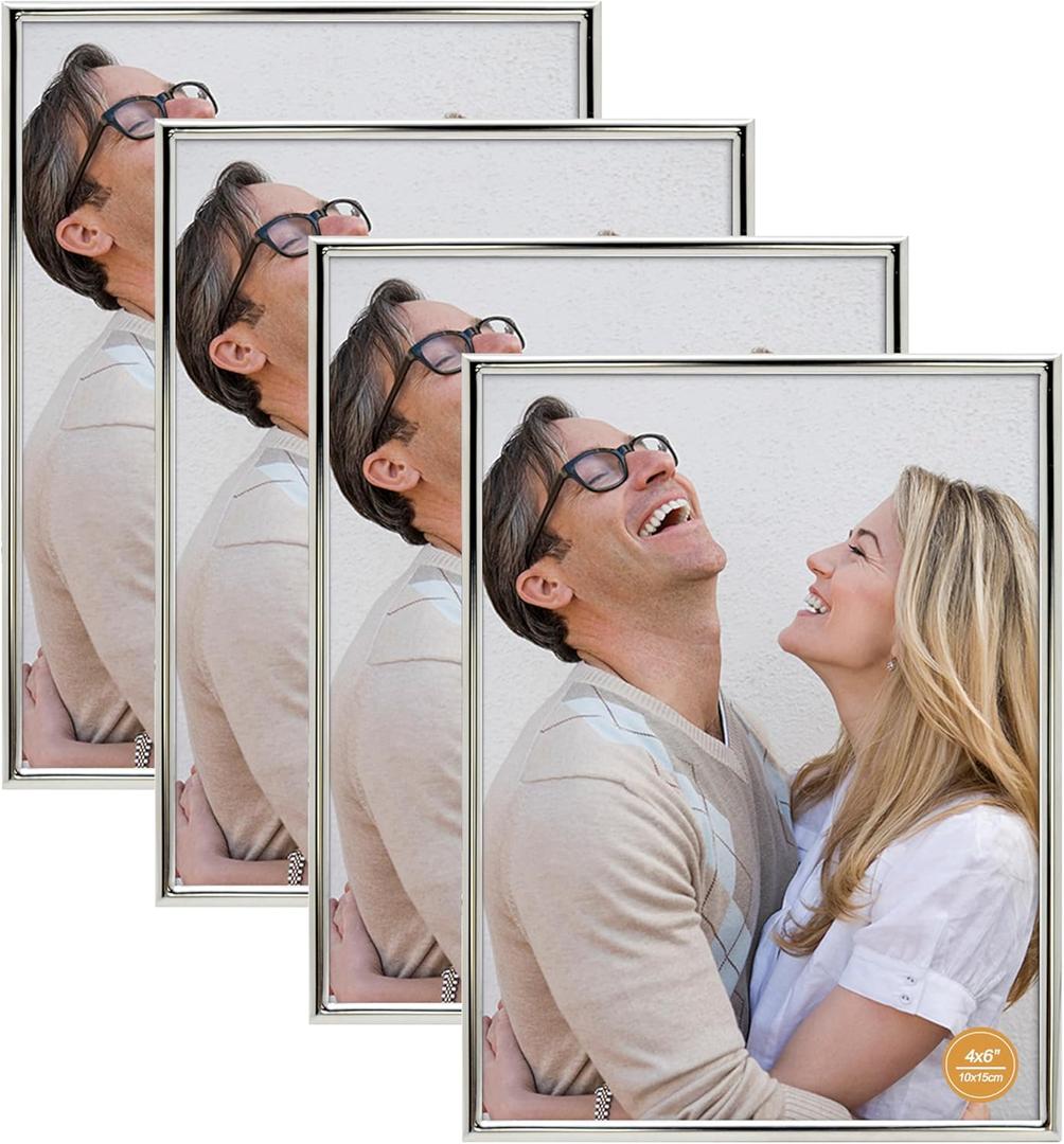 DECANIT 4x6 Picture Frame Metal, Thin Profile Photo Frame 4 by 6 Inch, Display for Wall Mounting or Tabletop Pack of 4,Silver