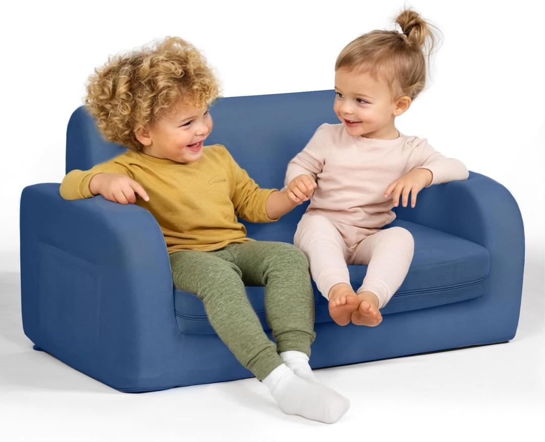 3-in-1 Extra Wide Convertible Kids Couch, Flip Open Toddler Couch to Lounger, Comfy Toddler Chair, Machine-Washable Kids Sofa for Girls, Kid Sofa Bed for Fun Playtime or Comfy Lounging, Dark Blue