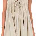 Wenrine Womens Tie Front Mini Dress Casual Bow Sleeveless Pleated Summer Loose Babydoll Dresses (Medium, Beige)