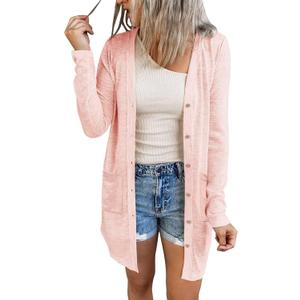 MEROKEETY Women's Lightweight Cardigan Summer Long Open Front Button Down Trendy Loose Outwear with Pockets (Pink, S)