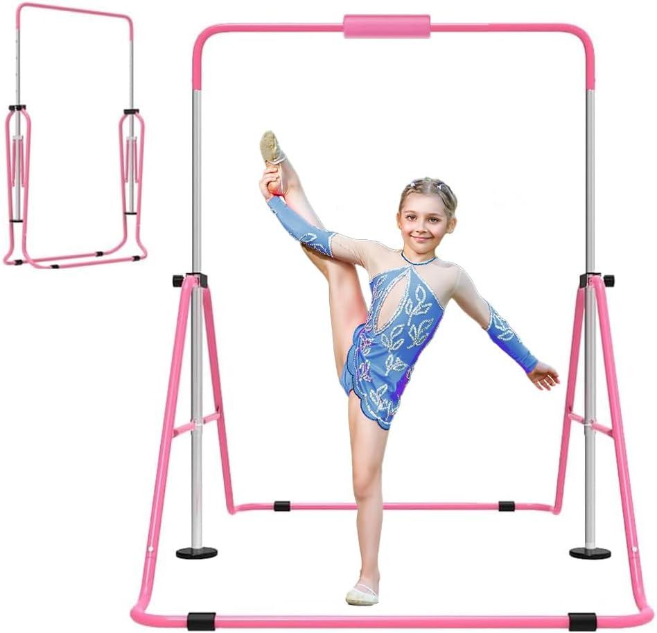 Gymnastics Bar for Kids, Adjustable Height Gymnastic Horizontal Bars with Mat, Folding Gymnastic Training Monkey Bars, Junior Expandable Training Kip Bar for Home