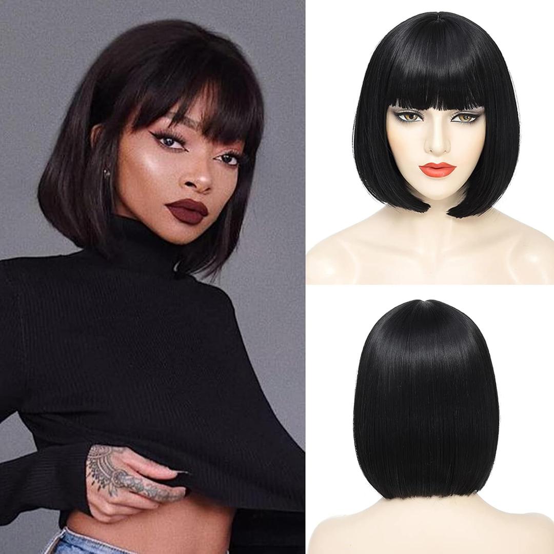 Black Bob Wigs For Women Short Black Bob Wig With Bangs Straight Bob Bangs Wig 10 Inch Natural Looking For Daily Party Use