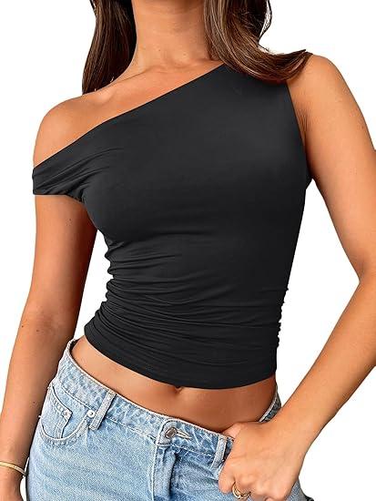 Trendy Queen Womens Summer Off The Shoulder Tops Going Out T Shirts Crop Tank Top Fashion Clothes Spring Outfits 2025, L