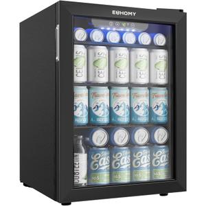 EUHOMY 100 Can Beverage Refrigerator cooler-Mini Fridge Glass Door for Beer Drinks Wines, Freestanding Beverage Fridge with Adjustable Shelves Blue LED for Home/Office/Dorm/Bar, 2.7 cu.ft