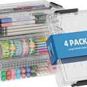 BiuLeon 4 Pack Extra Large Pencil Box, Plastic Pencil Case Organizer, Clear Crayon Box Marker Organizer, Stackable Craft Organizers and Storage for Pen, Craft, Art Supply(Black)