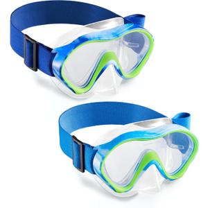 Aegend Kids Swim Goggles Snorkel Diving Mask for Kids Youth 3-15, Knitted Fabric Strap, Anti-Fog 180 Clear View (2 Pack-deep Blue & Light Blue)