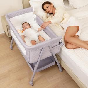 Bassinet Bedside Sleeper, Adjustable Height Baby Bassinet with Wheels, Easy Assemble & Folding Crib with Comfy Mattress, Breathable Mesh Bedside Bassinet for Infant Newborn (Grey)