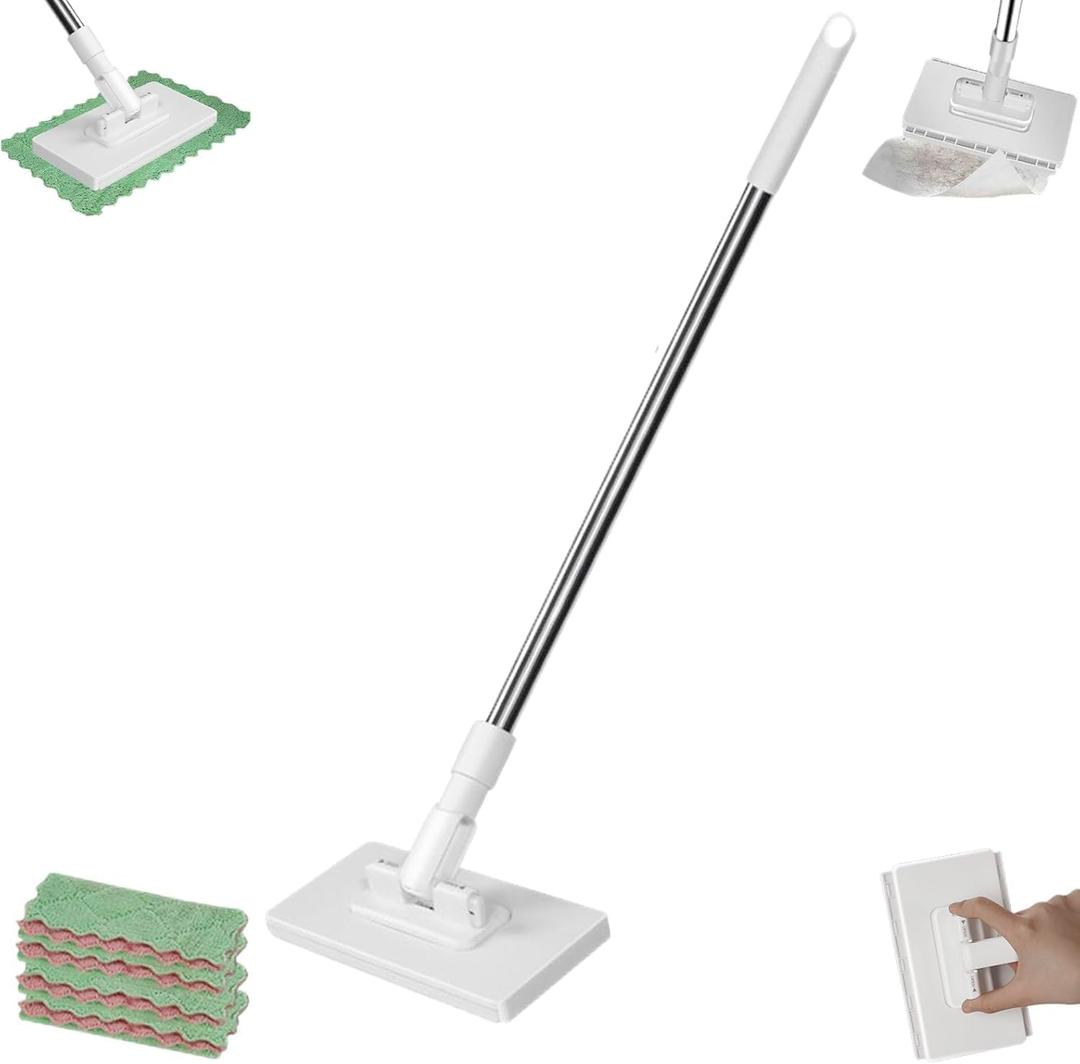 Snap Grip Mini Mop - Zero Touch No Wash Lazy Mop, Compatible with Swiffer & Face Towels, Adjustable for Wet/Dry Floors, Tile, Hardwood, Corners (5 Reusable Cloths)