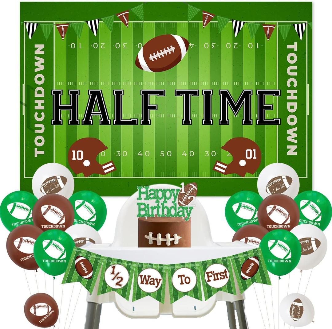 Football Half Birthday Decorations, Football Half Time Backdrop 1/2 Way to First Banner Glitter Paper Happy Birthday Cake Topper with Latex Balloons for Baseball Touchdown 6 Month Birthady Supplies