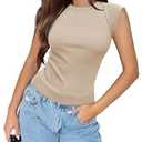 MIYIEONZ Women's Ribbed Tank Tops Trendy Casual Crew Neck Summer Club Cap Sleeve Slim Fitted Knit Apricot Medium Basic Tee Shirts Blouse M